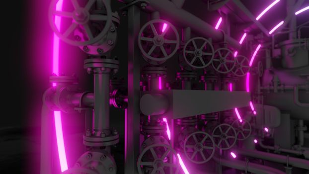 Abstract Industrial Equipment with Neon Lights. Ultraviolet light. 3D illustration