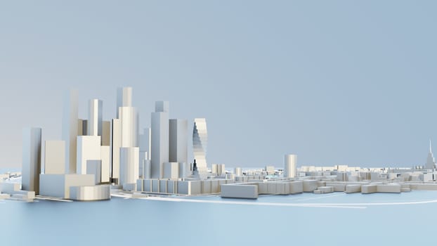 3D illustration. White Futuristic City in sunny day. Sky background