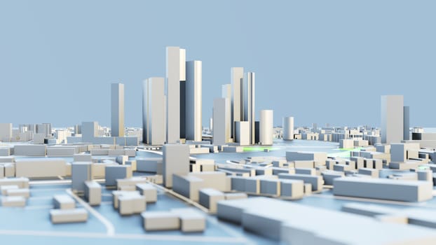 3D illustration. White Futuristic City in sunny day. Sky background