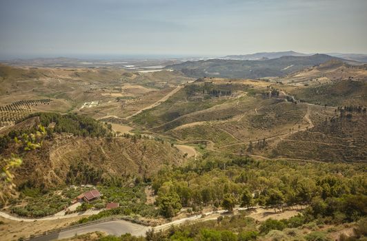 Panorama of the Sicilian hills and the town of Butera in the southern part of Sicily