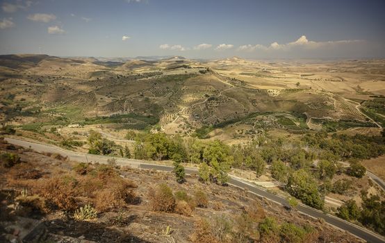 Panorama of the Sicilian hills and the town of Butera in the southern part of Sicily