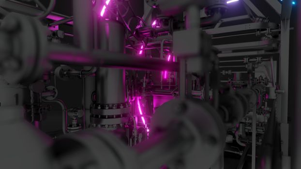 Abstract Industrial Equipment with Neon Lights. Ultraviolet light. 3D illustration