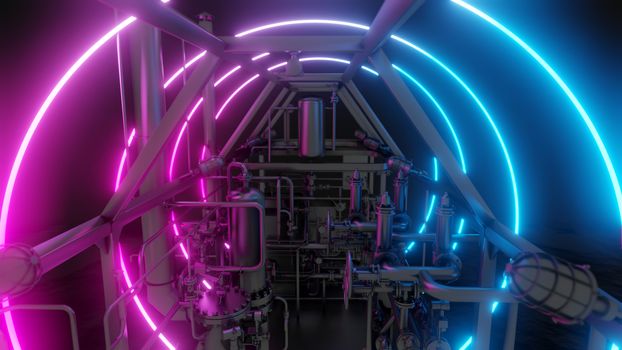 Abstract Industrial Equipment with Neon Lights. Ultraviolet light. 3D illustration