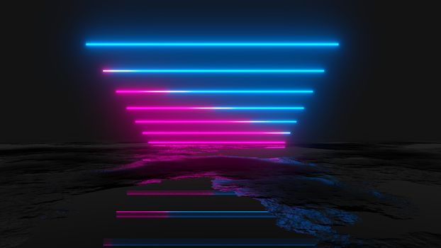 Glowing vertical neon lines, abstract background, 3D illustration