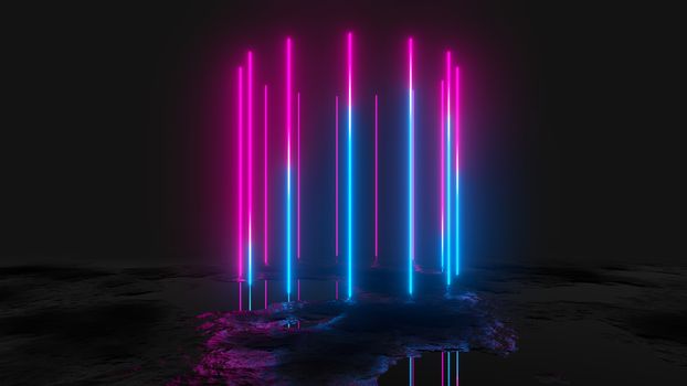 Glowing vertical neon lines, abstract background, 3D illustration