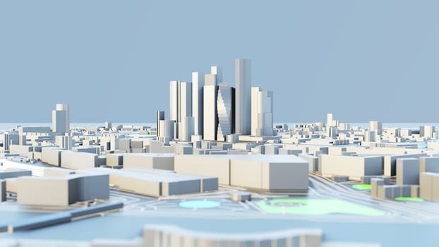 3D illustration. White Futuristic City in sunny day. Sky background