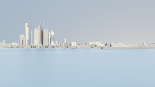 3D illustration. White Futuristic City in sunny day. Sky background