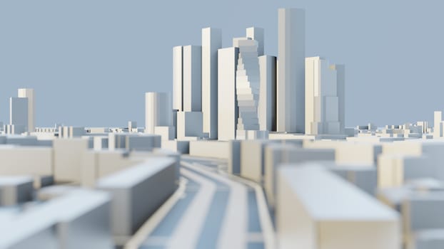 3D illustration. White Futuristic City in sunny day. Sky background