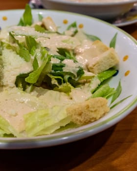 Green leafy salad with croutons in a plate