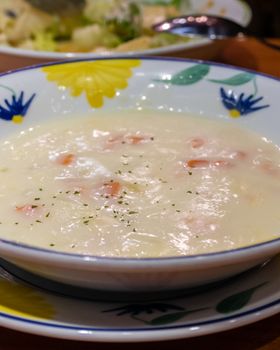 Creamy clam chowder soup in a bowl