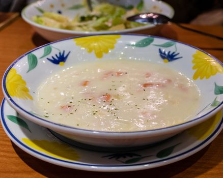 Creamy clam chowder soup in a bowl