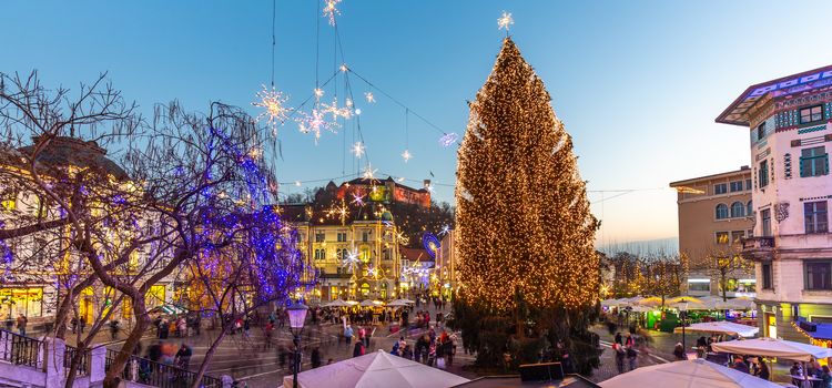 Romantic Ljubljana's city center decorated for Christmas holidays. Preseren's square, Ljubljana, Slovenia, Europe.