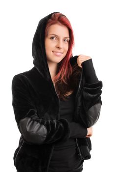 Portrait of a smiling beautiful young girl wearing a hoodie, isolated on white background.