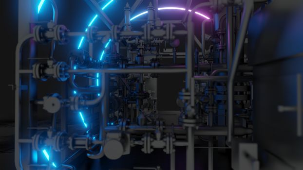 Abstract Industrial Equipment with Neon Lights. Ultraviolet light. 3D illustration