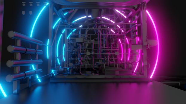 Abstract Industrial Equipment with Neon Lights. Ultraviolet light. 3D illustration