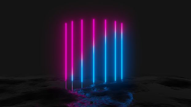 Glowing vertical neon lines, abstract background, 3D illustration