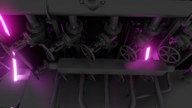 Abstract Industrial Equipment with Neon Lights. Ultraviolet light. 3D illustration