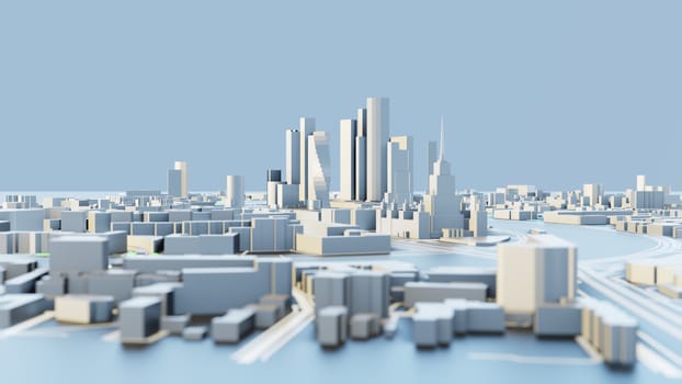 3D illustration. White Futuristic City in sunny day. Sky background