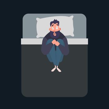 Frightened man character. Panic attack. Fear, phobia concept. Mental disorder flat illustration. Male suffers from nightmares and insomnia