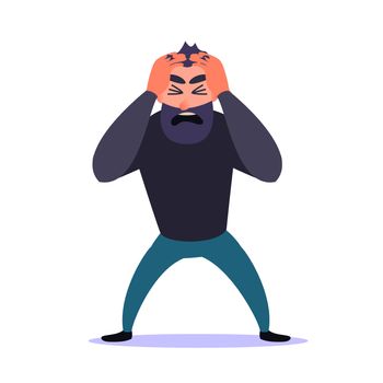 Frustrated man clings to his head and screams. Guy Anxiety disorder. Mental health problems, panic attack and headache, Cartoon character terrified, nervous depressed.