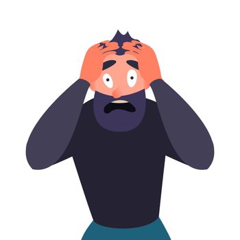 Guy in panic attack, terrified. Cartoon character screams in horror and clings to his head. Man with a migraine, headache mental health problems. Stressed psychical mental health concept.