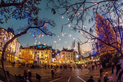 Romantic Ljubljana's city center decorated for Christmas holidays. Preseren's square, Ljubljana, Slovenia, Europe.