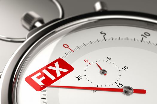 3D illustration of a conceptual stopwatch with the needle pointing the word fix