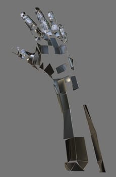 Abstract robot hand. Metal hand on grey background. 3D illustration