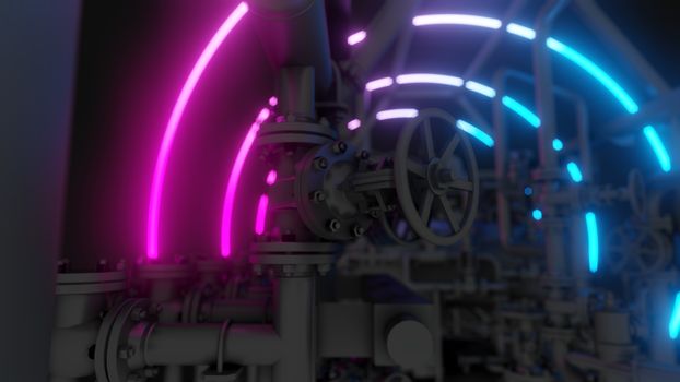 Abstract Industrial Equipment with Neon Lights. Ultraviolet light. 3D illustration