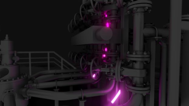 Abstract Industrial Equipment with Neon Lights. Ultraviolet light. 3D illustration