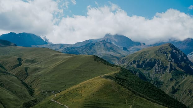 View of Kazbegi, Georgia. Beautiful natural mountain background. Summer