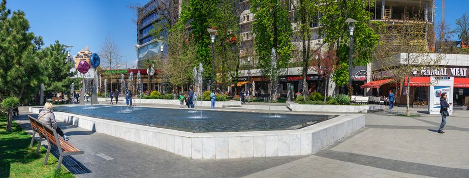 Odessa, Ukraine - 04.22.2019. Walking alley of shops and restaurants in Arcadia resort in Odessa, Ukraine, on a sunny spring day