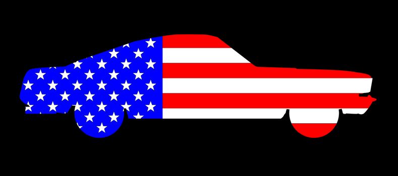 An American big V8 muscle car with a USA flag over a black background