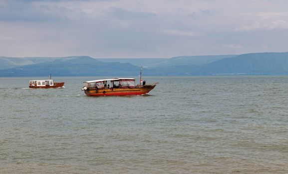 Boat on the Sea of Galilee near Tiberias, Israel, the boat is used for tourists mainly