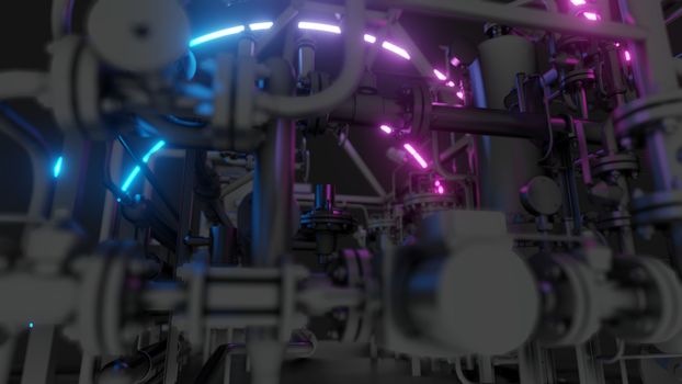 Abstract Industrial Equipment with Neon Lights. Ultraviolet light. 3D illustration