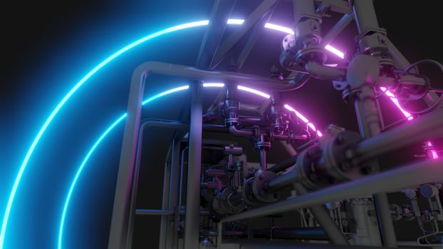 Abstract Industrial Equipment with Neon Lights. Ultraviolet light. 3D illustration