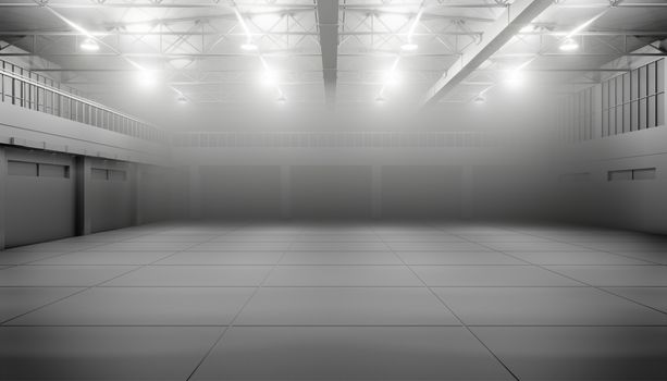 Modern empty dark storehouse with smoke at the end. 3D illustration