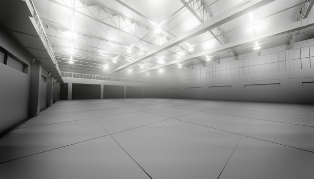 Modern empty dark storehouse with smoke at the end. 3D illustration