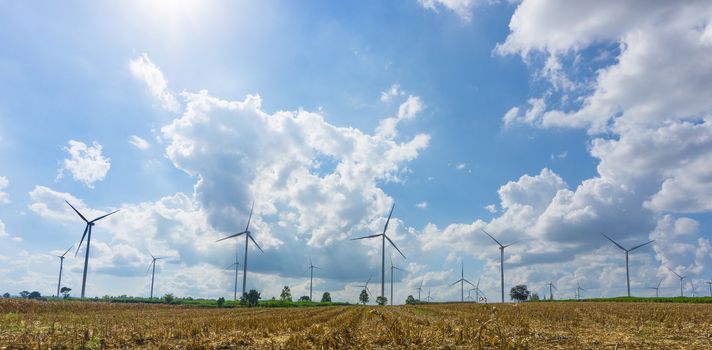 Panorama of Many wind turbine in meadow. The electric power is a clean energy and help save the planet from global warming.