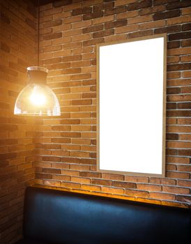 Blank photo frame mockup template on block wall and One light bulb.