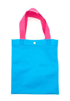 Blue cloth bag or fabric bag with pink carrying strap mockup template on white background 