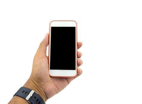 Hand holding white smart phone isolated over white background.