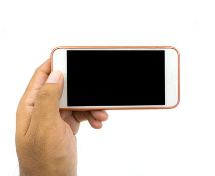 Hand holding white smart phone isolated over white background.