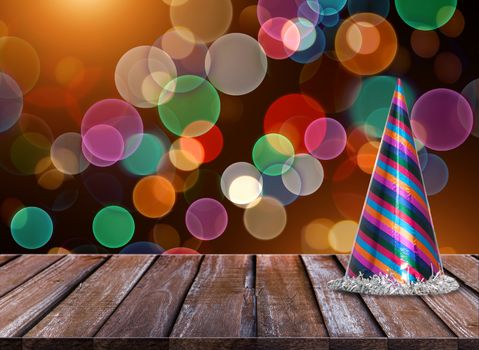 Background of Wood table top on colorful bokeh at night for New Year 2018 and Merry Christmas Celebration.