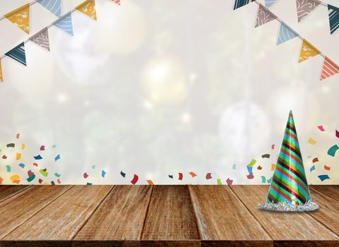 Background of Wood table top on colorful bokeh at night for New Year 2018 and Merry Christmas Celebration.