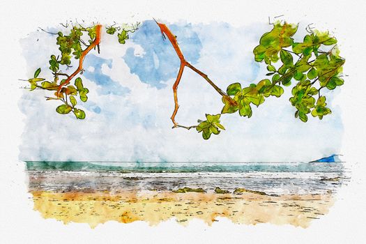 tree leaves over luxury beach in water colour