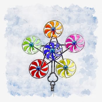 Illustration or watercolor paint of Colorful pinwheel against blue sky with clouds.