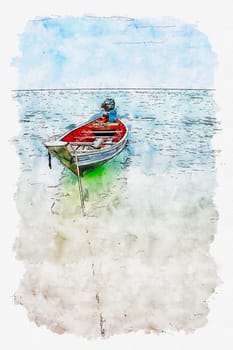 watercolor illustration of Thailand boat on the sea.