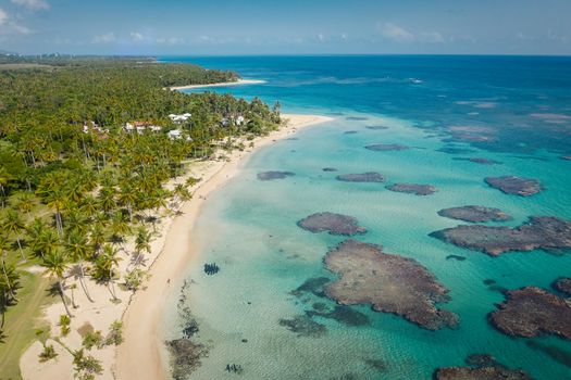 Drone shot of tropical beach.Samana peninsula,Bahia Principe beach,Dominican Republic.