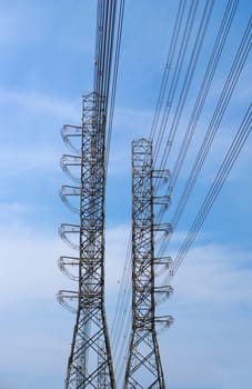 High-voltage of power transmission towers on blue sky background.